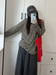 Striped Long Sleeve T-Shirt for Women Casual Loose Fit High Top American Street Style Early Autumn Fashion 2024