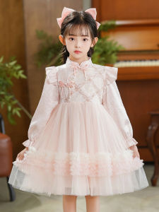 Princess Style Girls Dress Spring Autumn Long Sleeve Puffy Skirt New Chinese Style Qipao Childrens Clothing Cotton Material