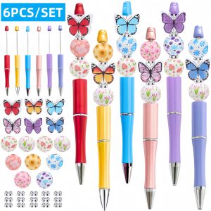 6PCS New Spring And Summer Rainbow Butterfly Flower Theme DIY Bead Ballpoint Pen&Wooden Bead Set，Office&Study Supply