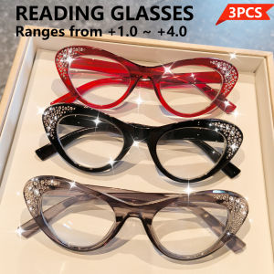 3pcs Elegant Rhinestone Cat Eye Reading Glasses for Women Men -Full Rim Cat Eye High Definition Lens +1.0 To +4.0 Diopter
