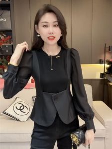 Spring Summer Autumn New Long Sleeve Spliced Knitwear round Neck Womens Design Sensation Niche Versatile European Station Commute Style