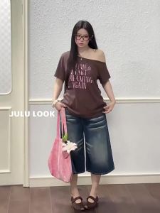 JULULOOK | Plus Size Loose Letter Print Off Shoulder T-Shirt