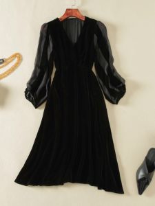 XMO | Velvet Silk Fashion Dress Slimming V-Neck Lantern Sleeve A-Line