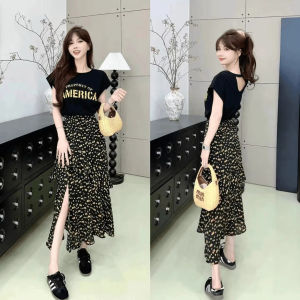 Just CC Floral Print T-Shirt Dress Fake Two-Piece High Waist Wide Leg Pants Summer Online Exclusive Polyester Thin Fabric
