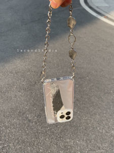 SecondStudio Original Design Simple English 17Pro Full Cover Anti-Fall 15 Makeup Mirror 14Pro Handheld Slant Cross Metal Chain  16Promax Slant Cross Phone Case