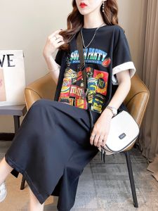 Pure Cotton Short Sleeve Double Sleeve Lazy T-Shirt Dress Womens Loose Maternity Knee-Length Home Dress Casual Style round Neck