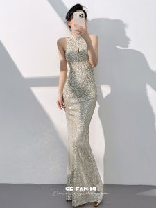Elegant Unique Beautiful Apricot Silver Fish Tail Sequin Dress