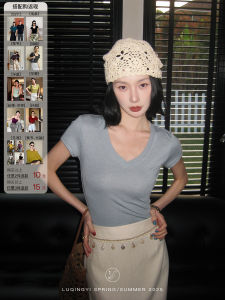 Slim Fit V-Neck Short Sleeve T-Shirt Lyocell Wool Basic Casual Women Summer Top Retro Style Commute Fashion Regular Sleeve