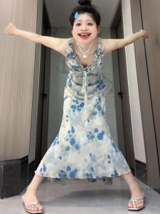 Y6Y | French Style V-Neck Ruffle Hem Floral Print Strapless Long Dress Women Summer New Waist Cinched Fish Tail Dress Sweet High Waist