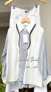 Hello Bestie - Emma Shirt- Kemeja Wanita Lengan Panjang Bordir Rompi Garis