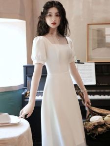 ชุดแต่งงานสีขาวสไตล์ฝรั่งเศส ชุดราตรีหรูหราสำหรับผู้หญิง ชุดเจ้าสาว ชุดแต่งงาน ชุดราตรีสั้น ชุดทำงาน ชุดทำงานฤดูใบไม้ผลิ 2025