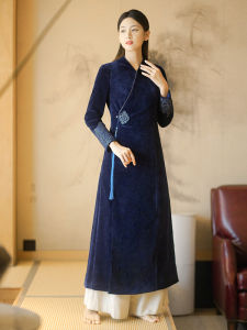 Chic Chinese Style Thick Corduroy Hanfu Dress Coat Dark Blue Long Sleeve V-Neck Commute Suitable Winter Season Polyester Fiber