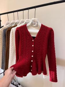 French V-Neck Knitted Sweater Coat Womens Autumn Winter New Style Pleated Hem Waist-Cinching Slim Open Cardigan Top
