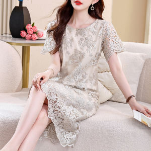 ชุดเดรสมิดิแขนแขนสั้นคอกลมทรงเอไลน์ทางการปักลายสำหรับผู้หญิงขนาดใหญ่พิเศษ