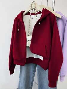 American Style Sportswear Hoodie Womens Spring Autumn Thin Casual Loose Zipper Open Cardigan Wine Red Short Top