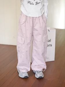 Cargo Pants for Kids Girls Baggy Trousers Wide Leg Pants Multi-Pocket Pink Print Bow Decorate Drawstring Pants Fashion Casual Sweet Girls Childrens Overalls 7-16yrs