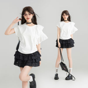 KEIKO | Asymmetric Ruffle Sleeve Cotton T-Shirt