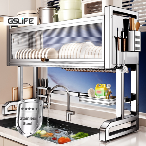 GSlife Stainless Steel Over Sink Rack with Cover Large Capacity Dish Rack Kitchen Organizer 67-97cm