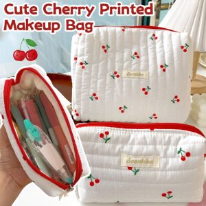 Retro Cherry Cosmetic Bags for Women Quilted Cotton Travel Storage Bag Cute Makeup Storage Organizer Pouch Girls Pencil Case Tote Handbags