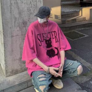 เสื้อยืดแขนสั้นทรงหลวมสไตล์อเมริกัน สีม่วงโดปามีน ทรงหลวม 5 ส่วน ผ้าฝ้าย 100% สำหรับผู้ชาย ทรงหลวม เสื้อยืดคอกลม