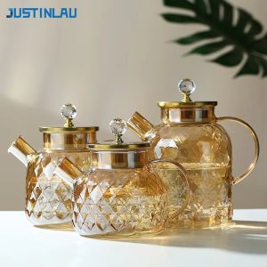 JUSTINLAU 1/1.8L Glass Tea Pot With Lid and Filter Champagne Tea Kettle Cold and Heat Resistant Tea Maker Home/Office Teapot