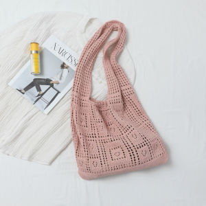 Xiao Fei Fei Vacation Knit Single Shoulder Bag Retro Mesh Hollow Handheld Bag Simple Woven Bag for Daily Use