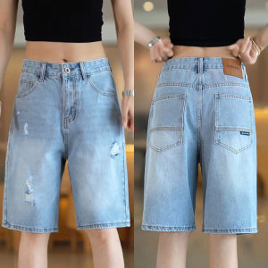 Summer Mens Light Wash Denim Shorts Casual Loose Fit Five-Quarter Length High Street Trend Versatile Straight Leg Jeans