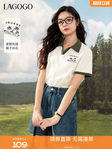 Casual American Style Vacation T-Shirt Womens Lagogo Summer New Color Collision Collar Fun Print Top Cotton Polyester Blend
