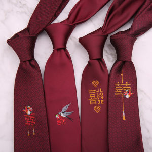 Male Red Wine Tie Formal Dress Wedding K-style Wedding Groom Zipper Bean Bag Xi Character Tie Clip