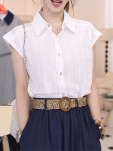 Shalldoer | Fashionable Anti-Aging Short Sleeve Shirt Womens New 2025 Single Row Multi-Buckle Turn-down Collar Vertical Stripes Top