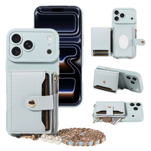Leather Phone Case for IPhone17 16 15 14 13 12 11Pro Max Plus Mini with Mirror & Pearl-Studded Strap Shockproof Protective Cover