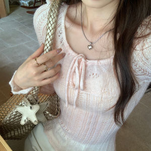 Pink Hollow out Long Sleeve Knitted Shirt Womens Slim Fit Inner Shirt Gentle Style Daily Wear round Neck Pullover Top