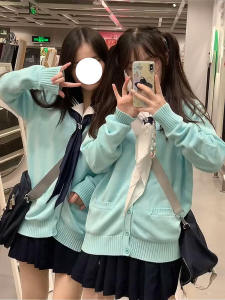 Áo Len Cardigan Dài Tay Màu Xanh Nước Biển Phong Cách Nhật Bản Dành Cho Nữ Áo Khoác Ngoài JK Cổ Chữ V Nút Đơn Dáng Rộng Thường Ngày Mùa Thu