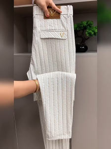Summer new mens high-end plush casual pants with striped color blocking business versatile straight leg pants boutique small leg pants