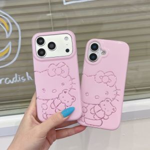 Sanrio | Cute Line Glitter Hello Kitty Phone Case Large Camera Window Soft Shockproof Protective Cover For iPhone 16 Pro 17 15 17 Pro Max
