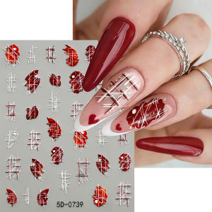 1Sheet 5D Red White Cross Line Plaid Nail Art Sticker Retro Checkered Self-Adhesive Nails Decals Y2K Sweet Grids Manicure Slider