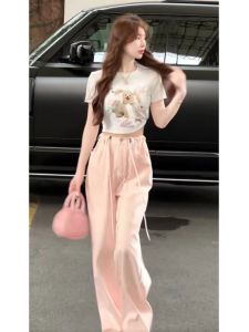 Pink Drawstring American High Street Retro Straight Leg Jeans Women Loose High Waist Slim Wide Leg Long Pants Summer Trend
