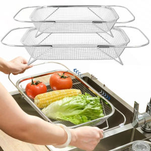 Telescopic Handle Sink Strainer Basket / Large Capacity Stainless Steel Colander / Flexible Retractable Drain Basket / Multifunctional Kitchen Food Washing Tool