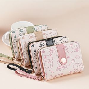 1pc Everyday Playful Cat Mini Wallet - Compact Zipper Multi-Card Holder with Wrist Strap Lightweight Gift for Women/Teachers