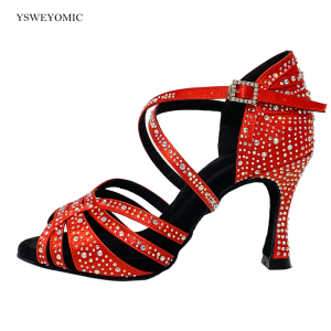 9cm high Heels Red Salsa Dance Shoes Sparkly Women Latin Ballroom Dance Shoes With Suede Sole For Dance Party