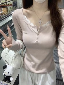 เสื้อยืดคอกลมแขนยาวผู้หญิง ทรงสลิมฟิต ฤดูใบไม้ร่วง 2024 เสื้อเชิ้ตแขนยาวแบบลำลอง ดีไซน์ใหม่ ผ้าฝ้ายผสมโพลีเอสเตอร์