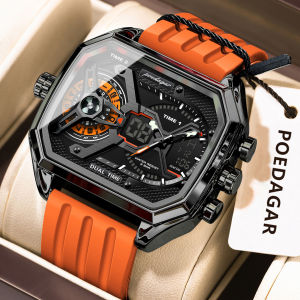 POEDAGAR Sports Men Wristwatch Date Week Chronograph Luminous LED Man Clock Silicone Strap Electronic Mens Quartz Watches Reloj