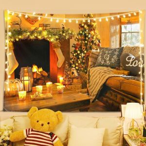 VIKAMA Blue Snowy Christmas Town Wall Tapestry Night Street Lamp Tree Cabin Snowflake Bokeh Light Cozy Holiday Aesthetic Home