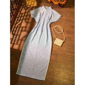 Blue Autumn Winter Cheongsam Young Style Chinese New Version Daily Wear Low Slit Long Qipao for Young Girls Vintage Design