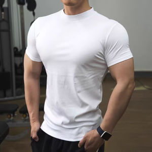 Ice Silk Cotton Feel Modal Base Shirt Mens Slim Fit Short Sleeve Sport T-Shirt High Neck Fitness Training Top Summer Youth Fashion