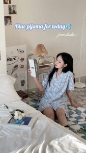 [ẢNH THẬT] Pijama xanh da trời họa tiết hoa - Chất vải tơ Pháp - Đồ mặc ở nhà