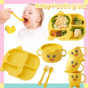 5 PCS Little Yellow Duck Cutlery Set Kids Cartoon Cutlery Kit Baby Eating Training Tableware