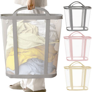 Nylon Mesh Laundry Basket with Handle Breathable Folding Portable Dirty Clothes Organizer Bags Large Capacity Toys Storage Bag