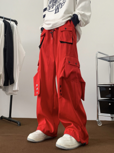 American Street Hiphop Cargo Pants Mens Spring High Street Functional Multi-Pocket Loose Wide Leg Drawstring Straight-Leg Trousers