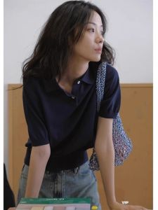 Light Blue Ice Silk Knitted Polo Shirt Short Sleeve Thin T-Shirt Women Summer French Style High End Feeling Turn-down Collar Top